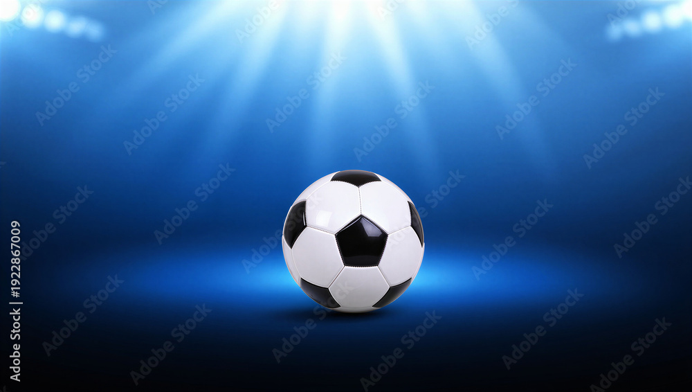 Naklejka premium Soccer ball centered under stadium lights, professional sport, football game atmosphere, bright spotlight.