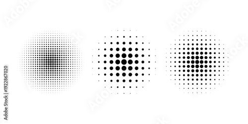 Halftone gradient circles collection. Dots textured round patterns. Cartoon comic radial faded background set. Abstract pixelated elements for frame  poster  collage  banner  flyer. Vector bundle