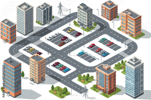 Aerial view of a city block with buildings, roads, and parking lots surrounded by greenery