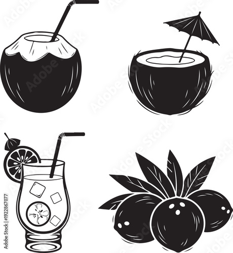 Coconut drink cocktail illustration with straw and umbrella isolated on transparent background