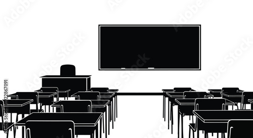 A minimalist depiction of an empty classroom with desks and a blackboard