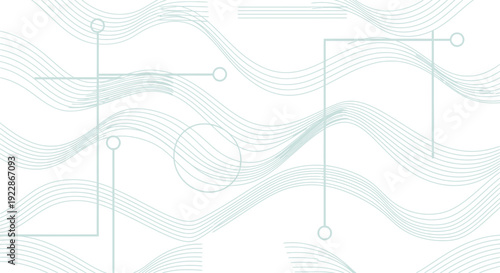 Blue flowing wavy lines with circular nodes and circuit board elements on transparent background for technology design