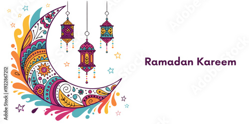A colorful vector graphic illustration of a crescent moon with lanterns for Ramadan Kareem