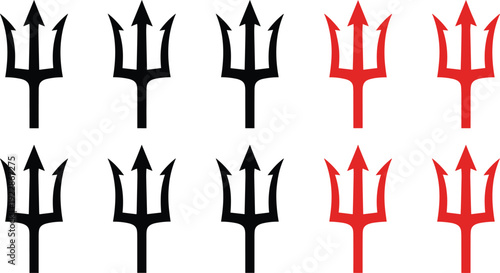 Trident Icon Set, Devil Pitchfork Silhouette Collection in Black and Red, Mythological Weapon Vector Illustration for Halloween, Fantasy and Dark Symbol Design