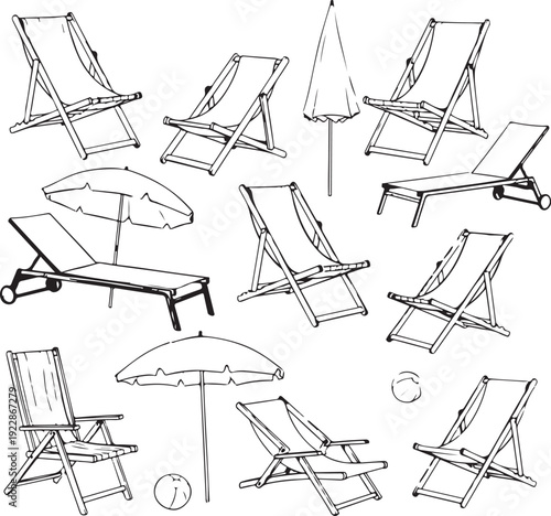 Collection of handdrawn deck chairs and umbrellas in various poses on transparent background