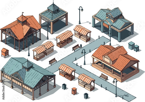 Isometric illustration of a traditional market scene with stalls, pavilions, and street lamps from an overhead viewpoint