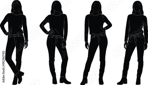 Women silhouette set standing casual poses female fashion people collection isolated vector illustration modern lifestyle characters