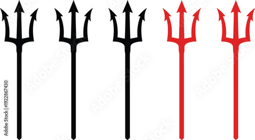 Trident Silhouette Icons Set, Devil Pitchfork Symbol in Black and Red, Mythological Spear Vector Illustration for Halloween, Fantasy and Dark Emblem Design