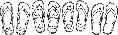 Collection of simple hand drawn flip flop illustrations with various designs and patterns