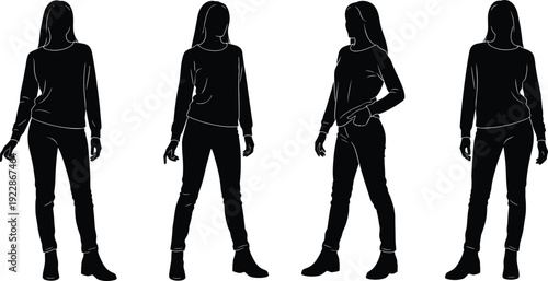 Women standing poses silhouette casual female characters fashion people collection isolated vector illustration set modern lifestyle