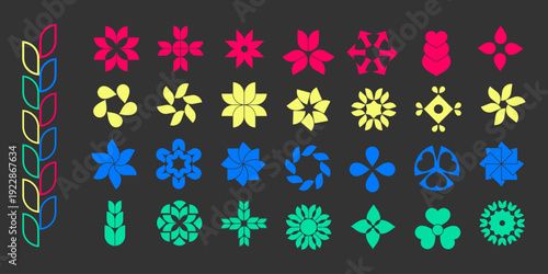 Set of rotating colored shapes, icons for decorative accents in logos, creative digital design, branding elements, black background, vector