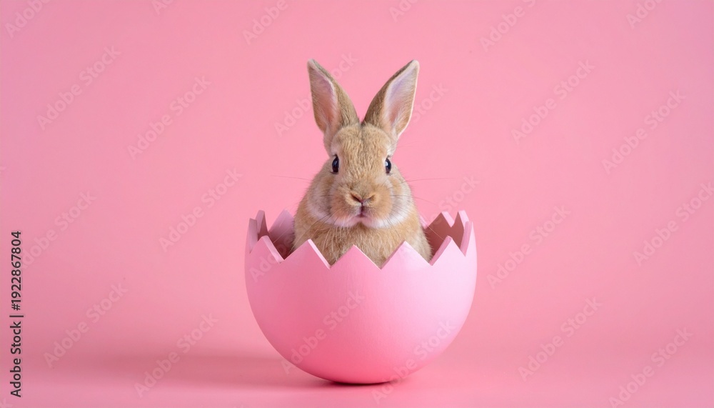 Obraz premium Rabbit inside cracked pink eggshell on pink background