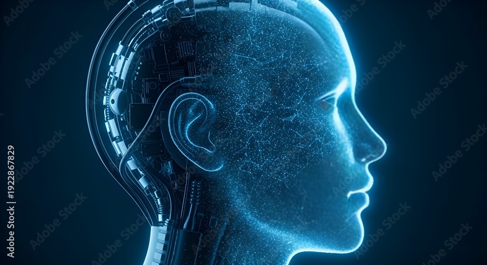 Obraz premium Futuristic Ai Head Profile with Glowing Blue Neural Network Overlay Against Dark Background
