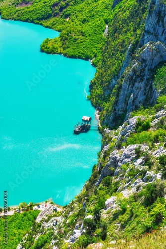 Bovilla, Albania - April 27, 2024. Attractive spring view of Bovilla Lake, Tirana city location. Majestic morning landscape of Albania, Europe. Beauty of nature concept background. Hike, breath relax