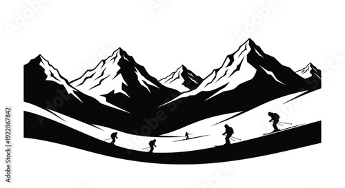 Black and white illustration of mountains with skiers and hikers