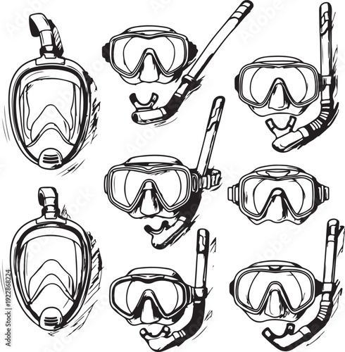 Snorkeling masks and breathing tubes illustrations collection for adventure and water sports