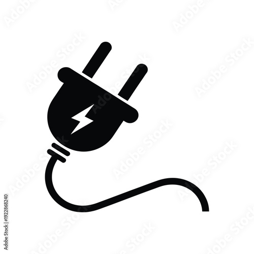 Electric power plug icon with lightning bolt symbol on cord for energy connection and electrical technology equipment interface