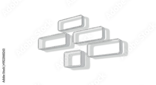 Dynamic arrangement of five empty rectangular white frames in a three-dimensional abstract composition, casting soft shadows on a bright surface for a clean aesthetic