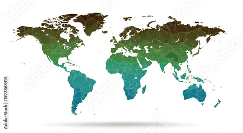 Abstract geometric world map with colorful polygonal continents, representing global connections and digital cartography for innovative global concepts