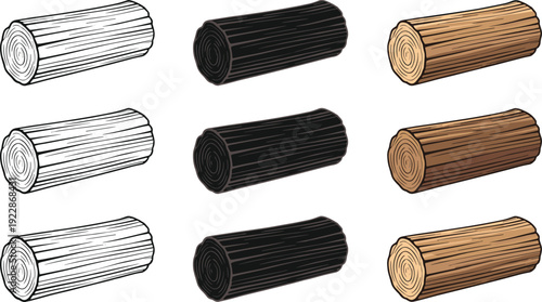 Wood Log Illustration Set, Cut Tree Trunk Timber Collection in Various Colors, Hand Drawn Vector Isolated on White for Forestry, Lumber and Nature Design