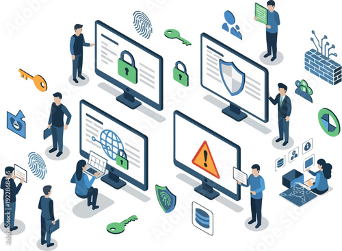Cybersecurity professionals collaborating on threat detection and data protection across multiple computer screens in a modern office environment from an overhead viewpoint