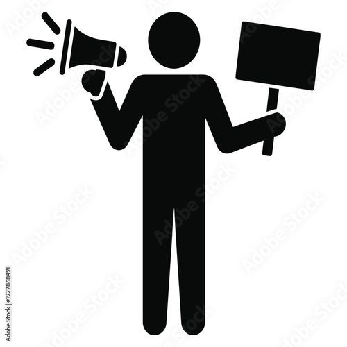 Protester holding megaphone and sign board icon representing activism demonstration or public speech isolated on transparent background
