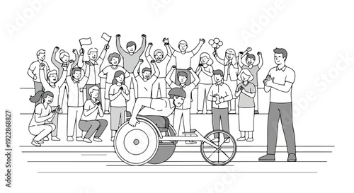 Illustration of diverse people celebrating International Day of Sport for Development and Peace with a wheelchair athlete in a lively scene.