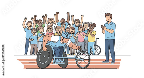 A diverse crowd cheers on a disabled athlete competing in a wheelchair race on International Day of Sport for Development and Peace with a photographer capturing the moment.