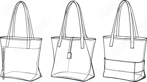Tote bag technical drawing vector illustration, front and side views, detailed fashion accessory flat sketch template, handbag outline design collection