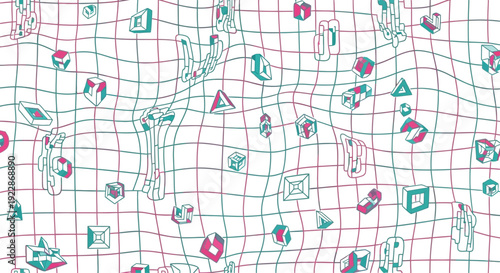 Surreal wavy grid background with floating geometric cubes and shapes in teal and pink colors for futuristic art design