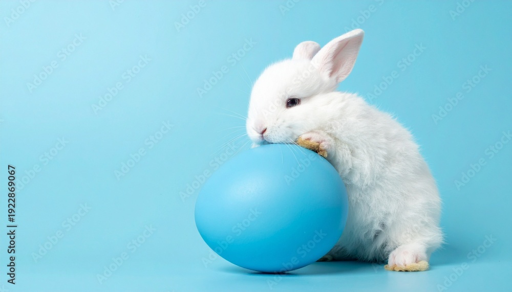 Obraz premium Rabbit with blue egg on light background
