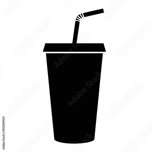 Black silhouette of disposable drink cup with lid and angled straw icon
