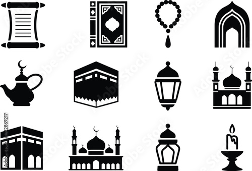 Islamic Icon Set with Kaaba Mosque Quran Lantern Tasbih and Crescent Moon for Ramadan Kareem Eid Mubarak and Muslim Religious Celebration