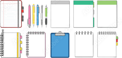 Office Stationery Set with Notebooks Pens and Clipboard Vector