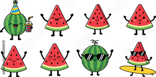 Cute Watermelon Cartoon Characters Set with Funny Summer Poses Vector