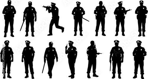 silhouettes of police officers, full figures. Isolated. vector illustration