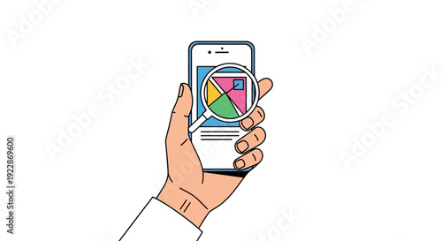 Hand Holding Smartphone with Magnifying Glass Over Colorful Data Chart for Mobile Analytics