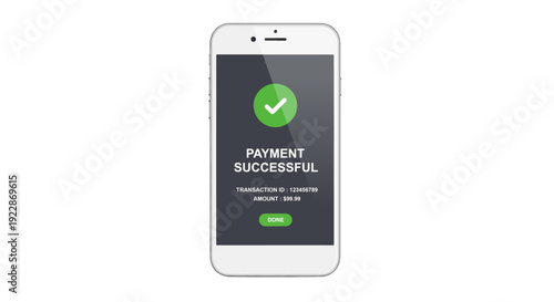 Mobile Phone Showing Successful Online Payment Confirmation Screen Isolated on White Background