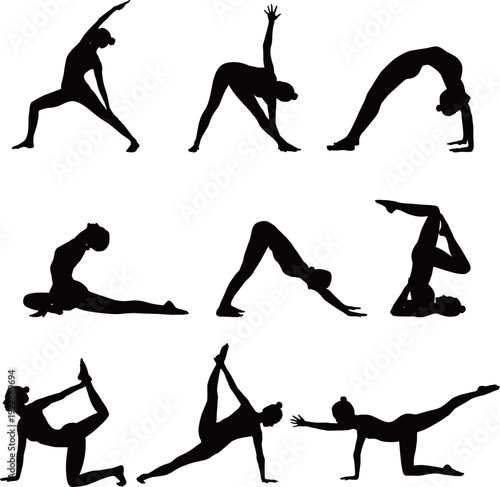 Yoga poses silhouette icon sheet, female stretching exercises and fitness asana collection.