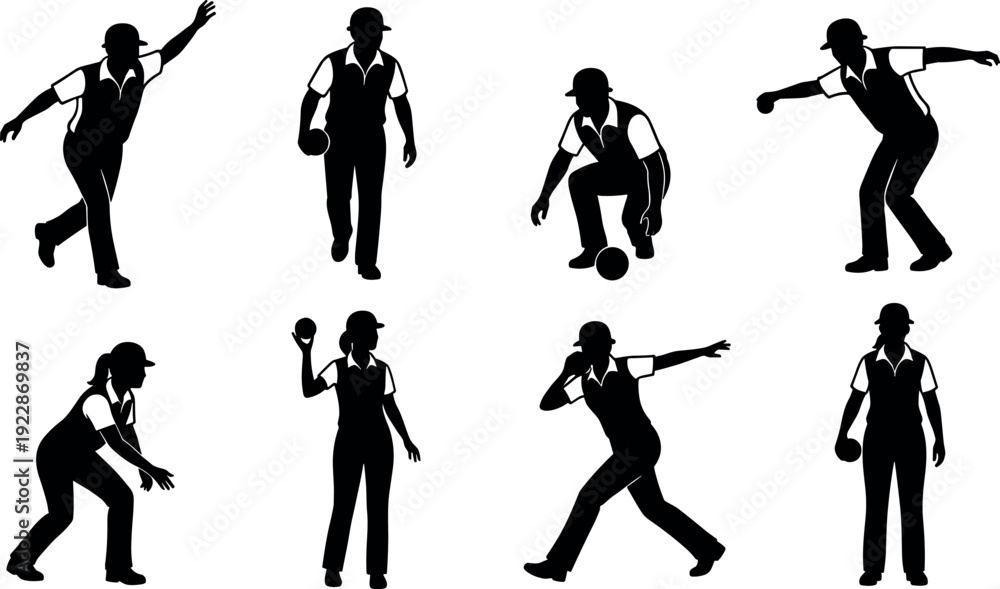 Obraz premium Collection of lawn bowls and bocce player vector silhouettes featuring men and women in action poses for sports and recreation designs.