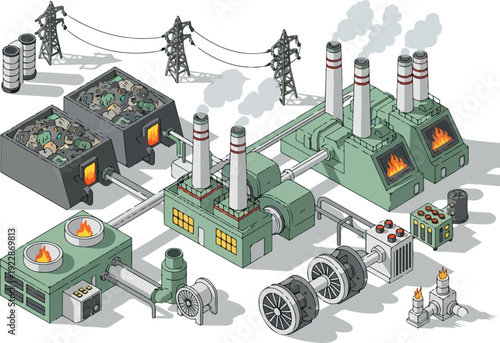 Industrial facility with machinery and smokestacks emitting smoke and pollution, viewed from above