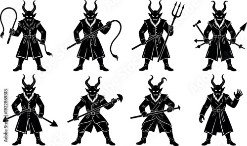 Collection of Krampus or horned demon vector silhouettes featuring mythical Christmas monsters with whips and pitchforks for dark holiday and folklore designs.