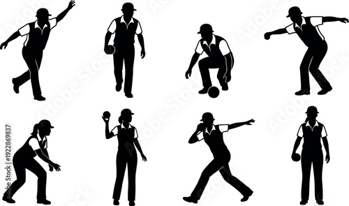 Collection of lawn bowls and bocce player vector silhouettes featuring men and women in action poses for sports and recreation designs.