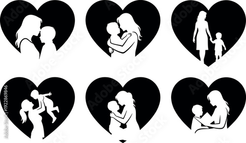 Collection of mother and child vector silhouettes inside black hearts featuring loving moments for Mother's Day family and parenting design projects.