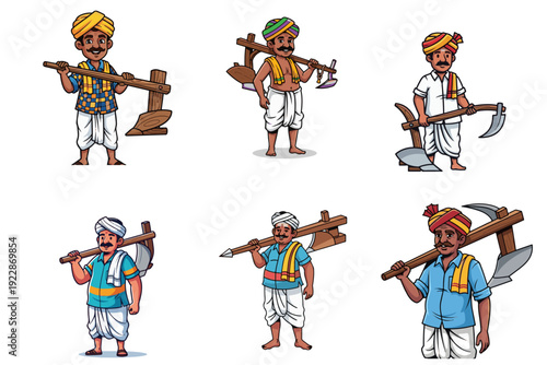 Indian Farmer Holding Traditional Plough 2D vector Cartoon Vector Illustration