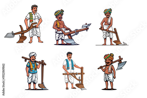 Indian Farmer Holding Traditional Plough 2D vector Cartoon Vector Illustration