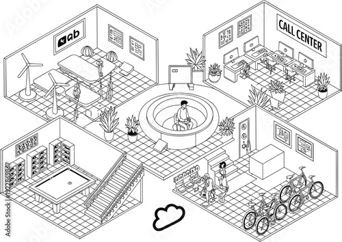 Isometric black and white line art office building featuring call center, bicycle parking, pool table room, wind turbines and central lounge