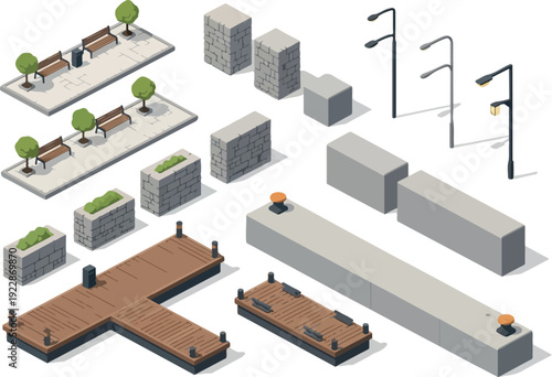 Isometric city park scene with buildings, walkways, and streetlights from a top-down viewpoint