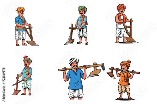 Indian Farmer Holding Traditional Plough 2D vector Cartoon Vector Illustration