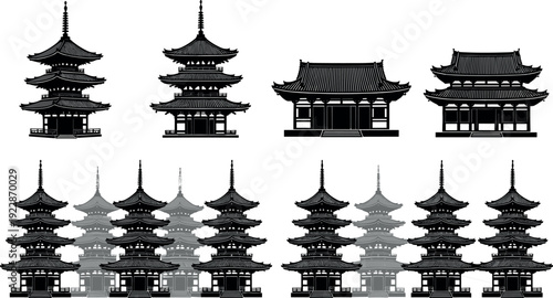Japanese pagoda and traditional temple vector silhouettes featuring Asian architecture icons and historic shrines for travel, culture, and Zen landscape designs.